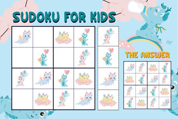 Easy Sudoku game for toddlers with cute baby dragon and unicorn edition. Printable Sudoku game for kids with animal theme. Education worksheet for children. Printable puzzle game for kids. 