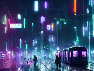 Future urban night with neon light, people walking with metro rails and stations, sci-fi and tokyo style, Generative AI
