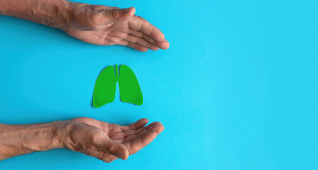 the hands of an old man protect the symbol of the organ of the lungs cut out of paper on a blue background, copyspace. the concept of healthy lungs, ecology clean air, lung damage by covid, be healthy