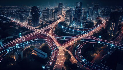 Smart city, techno mega city, iot. Background for tech titles , news headline. Green city. Generative AI