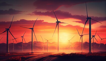 Obraz premium Wind farm, renewable energy sourcesGlobal warming, climate catastrophe, climate summit. Generative AI 