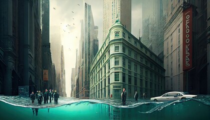 City under water, flood. Global warming, climate catastrophe, climate summit. Generative AI	
