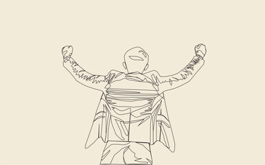 Fototapeta na wymiar vector line art version of a male businessman raising both hands while standing expressing his success