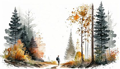 Hiking in the Woods - Autumn/Fall - Watercolor - (Generative AI Art)