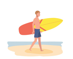 summer beach vacation theme. A man wearing in swim suit holding surfboard on the beach. Flat Vector illustration