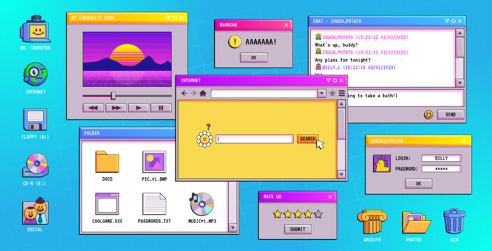 Retro software windows on computer desktop. Vector illustration of chat messenger, media player, internet connection, login, system error warning boxes, folder and document icons. 90s style design