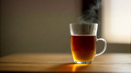 Cup of tea with steam on table (wooden / wood)  / Glas / Fancy Glas / black tea / Place for Text / Copy Space / Blank Text