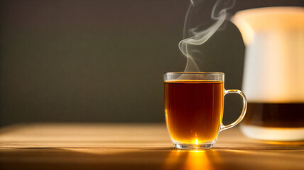 Cup of tea with steam on table (wooden / wood)  / Glas / Fancy Glas / black tea / Place for Text / Copy Space / Blank Text