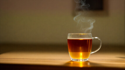 Cup of tea with steam on table (wooden / wood)  / Glas / Fancy Glas / black tea / Place for Text / Copy Space / Blank Text