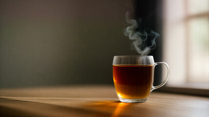Cup of tea with steam on table (wooden / wood)  / Glas / Fancy Glas / black tea / Place for Text / Copy Space / Blank Text