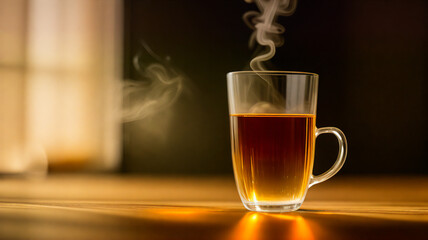 Cup of tea with steam on table (wooden / wood)  / Glas / Fancy Glas / black tea / Place for Text / Copy Space / Blank Text