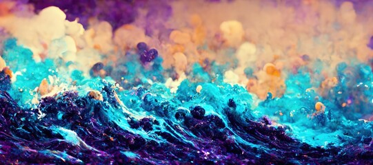 Fototapeta premium Abstract sea foam splash bubbles, detailed turbulent ocean waves surf. Vivid watercolor purple and blue grungy texturing, bokeh blur background glitter and sparkle - generative AI.