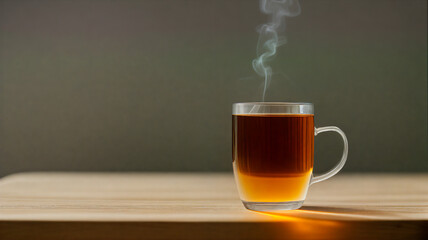 Cup of tea with steam on table (wooden / wood)  / Glas / Fancy Glas / black tea / Place for Text / Copy Space / Blank Text