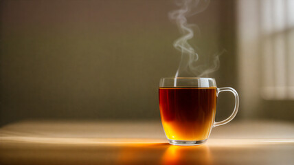 Cup of tea with steam on table (wooden / wood)  / Glas / Fancy Glas / black tea / Place for Text / Copy Space / Blank Text