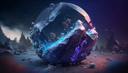 Fototapeta premium a strange space rock, inside of which is a colored glow. outer space background. Generative AI.