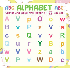 Search and circle the uppercase and lowercase of every V letter on the worksheet. Learning the alphabet for kindergarten and preschool children. Colorful and printable page. Educational worksheet. 