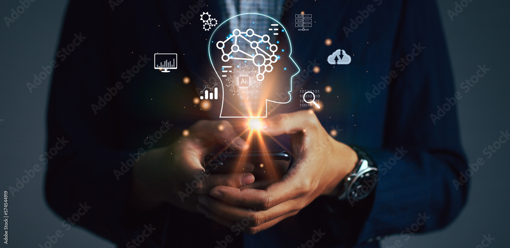Poster businessman using chatbot in smartphone intelligence ai.chat gpt chat with artificial intelligence, 
