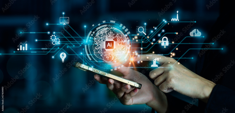 Poster businesswoman using chatbot in tablet intelligence ai.chat gpt chat with ai artificial intelligence,