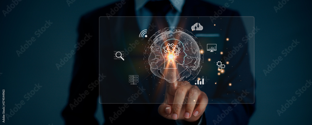 Poster businessman touching digital icon on virtual screen, chatbot intelligence ai. chat gpt chat with ai 