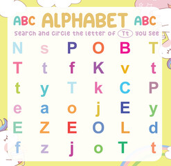 Search and circle the uppercase and lowercase of the T letter on the worksheet. Learning the alphabet for kindergarten and preschool children. Colorful and printable page. Educational worksheet. 