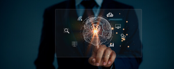 Businessman touching digital icon on virtual screen, chatbot intelligence Ai. Chat GPT Chat with AI Artificial Intelligence, developed by OpenAI generate. Business technology concept.