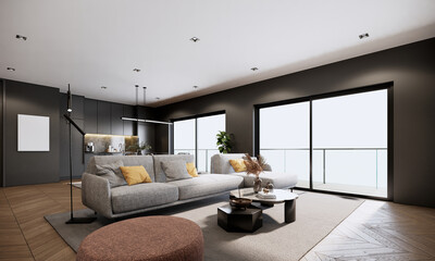 modern apartment, room interior design 3D rendering architectural. living room with sofa black walls and parquet floor.