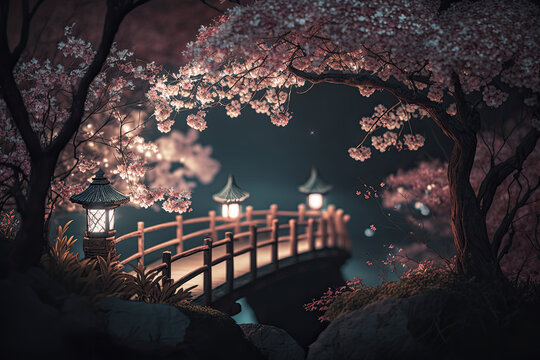 Sakura Garden Ethereal Dreamy Night Landscape. Beautiful 4k Wallpaper.