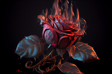 illustration of red dramatic rose on fire passion concept. AI