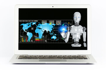 Laptop with hand of robot touching screen laptop, Futuristic robot hand working with laptop ai artificial intelligence, Mechanical arm with computer.