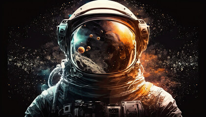 Fototapeta na wymiar astronaut in space Front view astronaut potrait. Astronaut in space suit with galaxy and nebula reflection in helmet glass. Deep space exploration, Generative AI