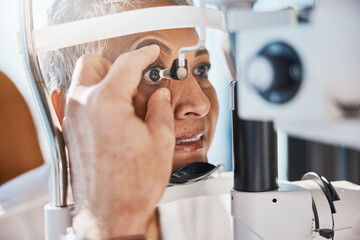 Senior eye zoom, retina check and medical eyes test of elderly woman at doctor consultation....