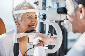 Senior woman, eye exam and optometrist with medical eyes test at doctor consultation. Vision,...