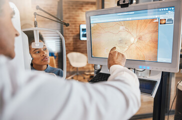 Tomography, medical and ophthalmology with eye exam and doctor for vision, healthcare and screening...