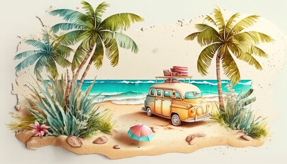 Obraz premium Camping at the beach - Summer - Watercolor - Generative AI Art