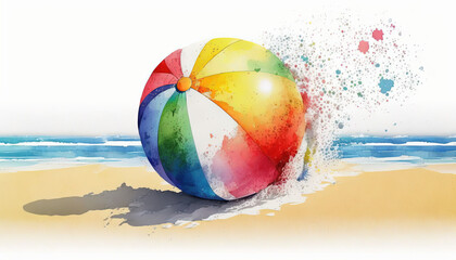 Obraz premium Beach Ball on the beach - Summer - Watercolor - Generative AI Art