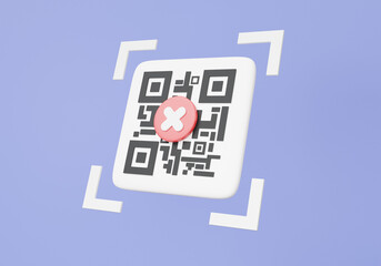 Online payment QR code scanning incorrect mark pay money declined on purple background. shopping special concept. digital transaction financial, no, wrong. 3d rendering illustration