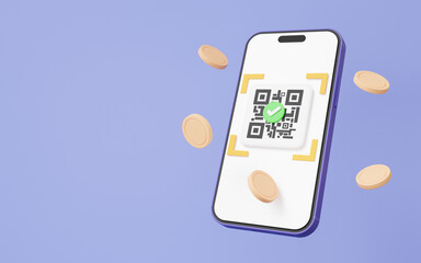 QR code scanning on mobile phone correct mark finish with coins floating on purple background. pay money or online payment, shopping special concept. digital transaction financial. 3d rendering