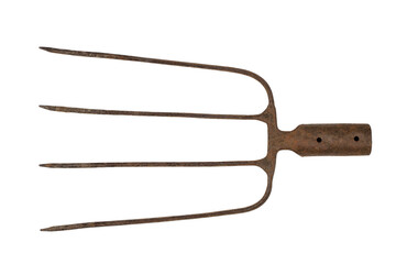 Old iron forks on a white background. Pitchforks close-up.