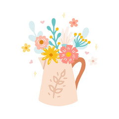 Bouquet of flowers in jug, vector flat hand drawn illustration. Excellent for design of postcards, posters