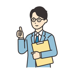 資料を持ってグッドポーズをするスーツを着た男性のイラスト素材