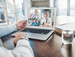 Online meeting, video call or doctors wave on laptop for webinar, virtual communication in hospital. Support, healthcare or medical worker discussing medicine, treatment or telehealth on computer