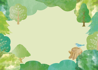フレーム　背景　夏　森　木　緑　風景　水彩　コピースペース　イラスト素材