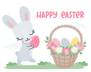 Flat vector Easter card. Cute bunny putting Easter eggs in a basket. Happy Easter inscription 