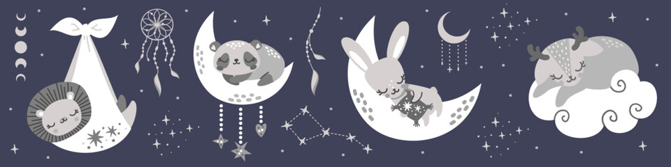 Obraz premium Cute collection of sleeping animals. Cute hare, panda, deer, fox, lion sleeping. A newborn lion cub in a diaper. Dreamcatcher 