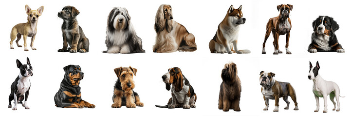 set of different breeds of dogs, transparent background png, HD - obrazy, fototapety, plakaty