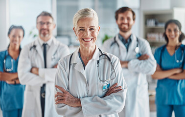 Healthcare, leadership and team portrait of woman doctor and nurses in hospital with support and...