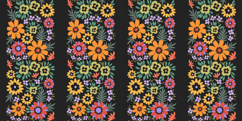 A pattern of orange-red, green and purple flowers with green leaves on a black background.