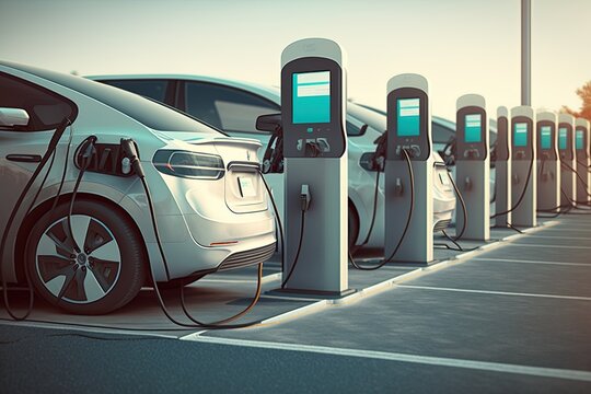 A line of electric cars charging at a public charging station - Generative AI