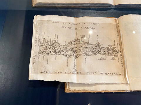 Venice, Italy - February 17, 2023: medieval map of Venetian Kingdom of Candia on island Crete in Art and Historic Correr Museum (Museo Correr) in Venice city