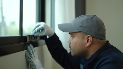 Technician worker in uniform using water level meter or spirit level tool to measure perpendicular angles window on the construction site.